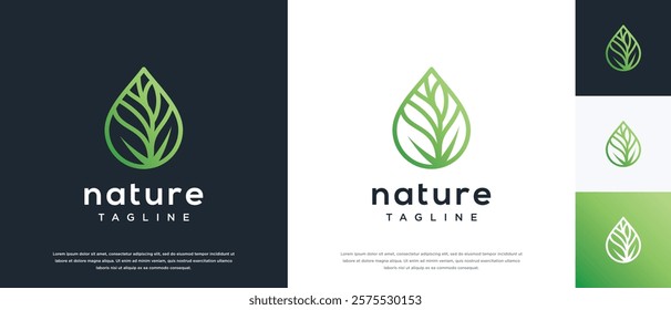 Leaf water drop logo design. Nature leaf water line logo template.