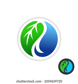 Leaf and water drop logo. Green leaf with blue water in a round sign.