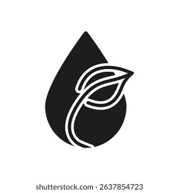 Leaf With Water Droplet Solid Icon. Eco-Friendly, Sustainability, And Natural Resources Conservation Silhouette Symbol. Environmental And Organic Farming. Isolated Vector Illustration.