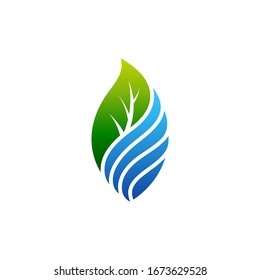 Leaf and water logo concept, simple flat style in green and blue color