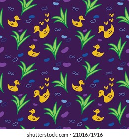 Leaf, water stream, stone, and semi-abstract duck seamless pattern.