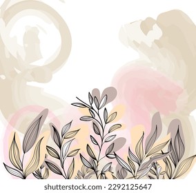 Leaf. Watercolor, linear, colourful, pastel background of plants with stems and leaves. Design for presentations, decoration, poster, quotes, blogs, web, social networks.