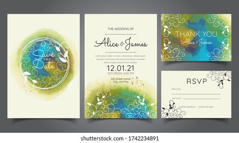 leaf and watercolor wedding invitation cards