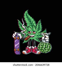 Leaf Weed Cartoon Character Smoking Blunt And Holding Nug Bud Flower Cannabis And Holding Skateboard