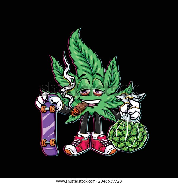 leaf weed cartoon\
character smoking blunt and holding nug bud flower cannabis and\
holding skateboard