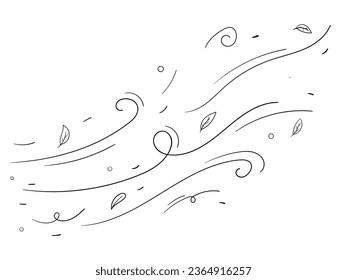 Leaf wind doodle. Hand drawn doodle wind motion, air blow, leaf falling elements