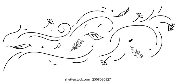 Leaf wind doodle. Hand drawn doodle wind motion, air blow, leaf falling elements.vector eps10