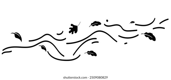 Leaf wind doodle. Hand drawn doodle wind motion, air blow, leaf falling elements.vector eps10