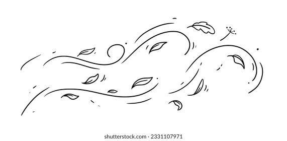 Leaf wind doodle line sketch set. Hand drawn doodle wind motion, air blow, leaf falling elements. Sketch drawn air weather, autumn falling concept. Isolated vector illustration.