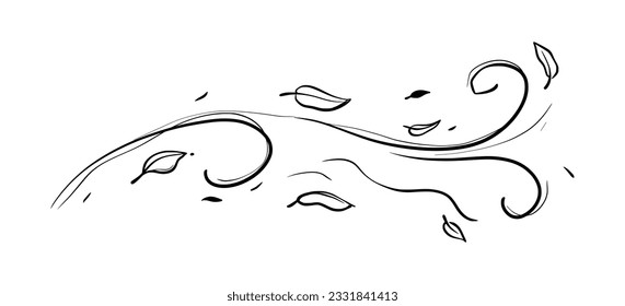 Leaf wind doodle line sketch set. Hand drawn doodle wind motion, air blow, leaf falling elements. Sketch drawn air weather, autumn falling concept. Isolated vector illustration.