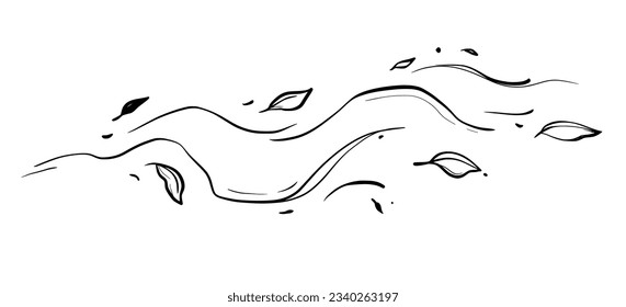 Leaf wind doodle line sketch set. Hand drawn doodle wind motion, air blow, leaf falling elements. Sketch drawn air weather, autumn falling concept. Isolated vector illustration.