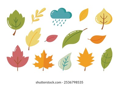 Clima del viento de la hoja, otoño que cae concepto elemento de forma de color Vector plano conjunto ilustración fondo blanco.