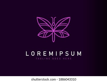Leaf wing butterfly logo design. Vector illustration of purple butterfly with leaf wings. Vintage logo design vector line icon template