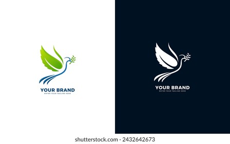 Leaf wing dove logo. Peace dove icon design, flying carrying plants. Graphic vector illustration