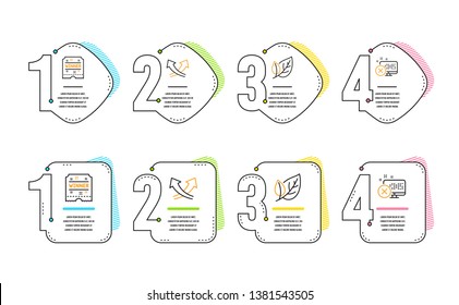 Leaf, Winner ticket and Intersection arrows icons simple set. Reject access sign. Ecology, Carousels award, Exchange. Delete device. Infographic timeline. Line leaf icon. 4 options or steps. Vector