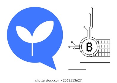 Leaf within a blue speech bubble beside a Bitcoin symbol on circuitry. Ideal for cryptocurrency, sustainability, eco-friendly finance, blockchain technology, environmental investment. Hand-drawn