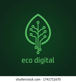 Leaf of wood with digital circuit board texture. Tree leaf icon in digital style