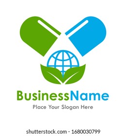 Leaf world with pill vector logo template. Suitable for business, healthy, web, pharmacy and design