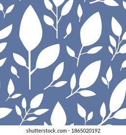 Leafage and decorative flora, leaves white silhouette seamless pattern. Blue background or print for greeting cards or textile design. Natural and organic flourishing, plant. Vector in flat style