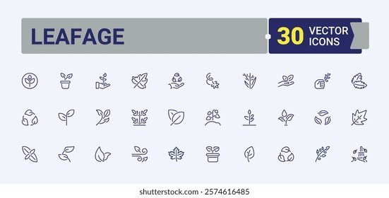 Leafage icon set. Contains such icons as art, spa, leaves, branch, recycle, natural and more. Set of line pictogram. Editable stroke.