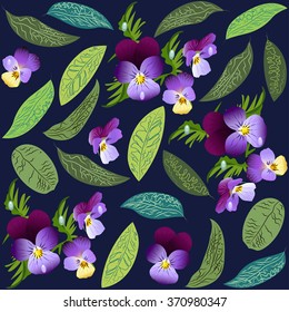 Leafage and pansies with dew drops. Dark blue background. Vector 10.