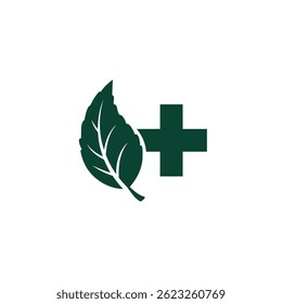 LeafCure Silhouette vector illustration of a herbal leaf and cross icon on a white background