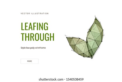 Leafing through low poly wireframe landing page template. Ecology, bionomics science web banner. 3d leafage, foliage polygonal illustration. Atmosphere protection mesh art homepage design layout