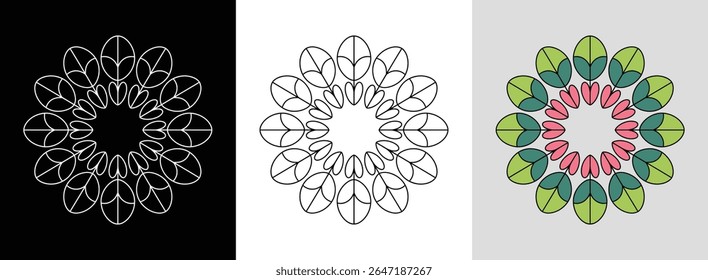 Leaf-inspired mandala with intricate symmetrical patterns and bright colors for natural decor.