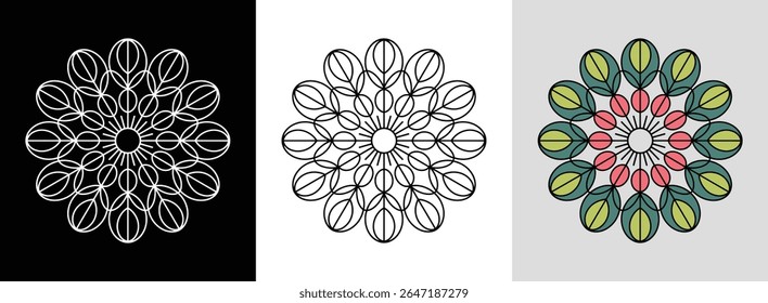 Mandala inspirada em folha com padrões simétricos intrincados e cores brilhantes para uma decoração vibrante.