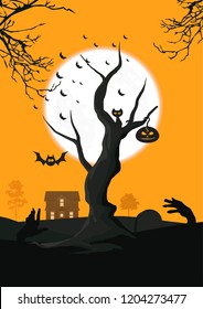 leafless old tree under full moon in Halloween night with cursed black cat,jack o'lantern and zombie hand reaching out of grave,bats flying to hauted house vector illustration