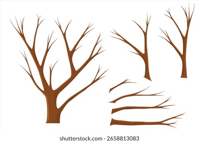 Leafless Tree Branches Vector Set. A collection of vector illustrations featuring various brown leafless tree branches. 