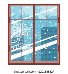Leafless tree and buildings behind the window, snowy winter day illustration.