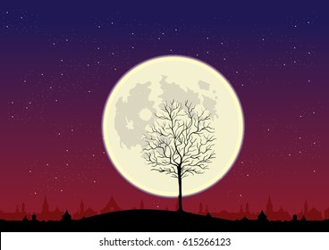 Leafless tree on the hill over full moon and red night sky full of stars, sleeping city  at the background
vector illustration, cityscape silhouette, nature