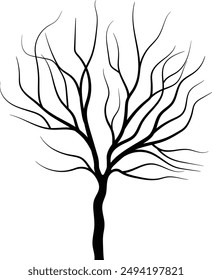 A leafless tree silhouette in detailed vector art, ideal for winter and bare tree designs. This illustration captures the essence of naked trees. This tree silhouette offers unique and awesome visuals