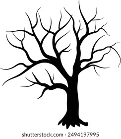 Eine blattlose Baumsilhouette in detaillierter Vektorgrafik, ideal für winterliche und kahle Baumdesigns. Diese Illustration fängt das Wesen nackter Bäume ein. Diese Baumsilhouette bietet einzigartige und fantastische Bilder