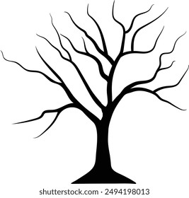 Eine blattlose Baumsilhouette in detaillierter Vektorgrafik, ideal für winterliche und kahle Baumdesigns. Diese Illustration fängt das Wesen nackter Bäume ein. Diese Baumsilhouette bietet einzigartige und fantastische Bilder