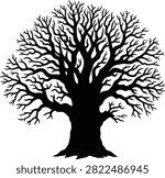 Leafless tree silhouette illustration, intricate woodland vector artwork, featuring bare branches nature botanical isolated design