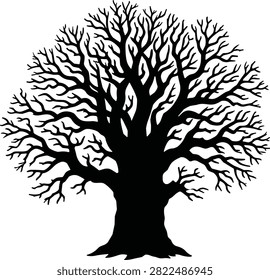 Leafless tree silhouette illustration, intricate woodland vector artwork, featuring bare branches nature botanical isolated design