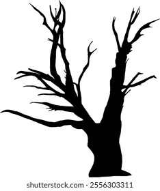 Leafless tree silhouette isolated on transparent background. Vector illustration.