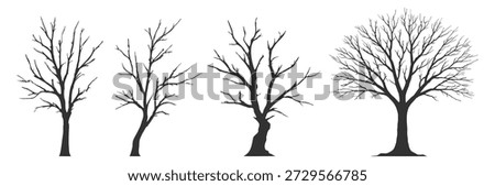 Leafless tree silhouette set, winter bare branches nature forest vector illustration, spooky dead dry woodland gothic halloween on transparent background
