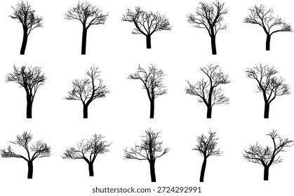 Blattlose Baumsilhouetten-Kollektion einzeln auf weißem Hintergrund