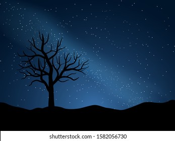 A leafless tree with starry night background