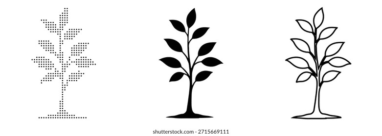Blattloser Baum in drei künstlerischen Stilen Vollständige Silhouette, Punktmatrix und Gliederungszeichnung mit Verzweigungsdetails 