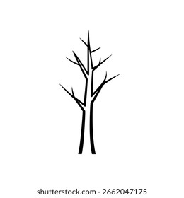 Leafless tree vector icon, a solid black silhouette of a bare tree, for winter, dead nature, and minimalist design themes.