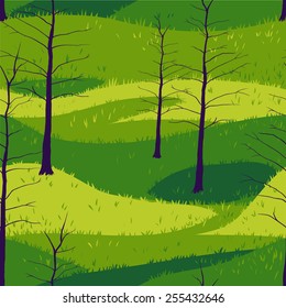  Leafless  trees on a green field. Hand drawn illustration. Can be used for wallpaper, pattern fills, textile, web page background, surface textures. Ukraine