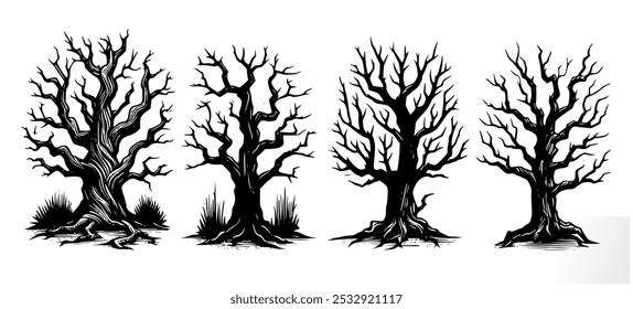 leafless trees vector illustration set isolated. dead spooky trees collection. scary, spooky, dead, dried, death concept.	
