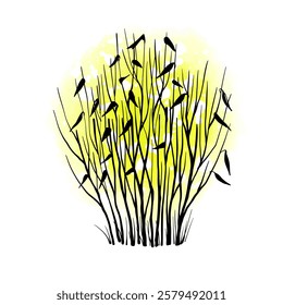 Leafless winter bush. Hand drawn sketch. Line art. Black and white design element on yellow background. Isolated. Tattoo image.