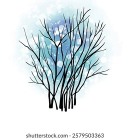Leafless winter bush. Hand drawn sketch. Line art. Black and white design element on blue background. Isolated. Tattoo image.