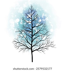 Leafless winter tree. Hand drawn sketch. Line art. Black and white design element on blue background. Isolated. Tattoo image.