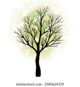 Leafless winter tree. Hand drawn sketch. Line art. Black and white design element on green background. Isolated. Tattoo image.